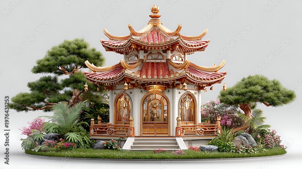 Fototapeta premium Elegant oriental temple pavilion with landscaped garden high resolution picture
