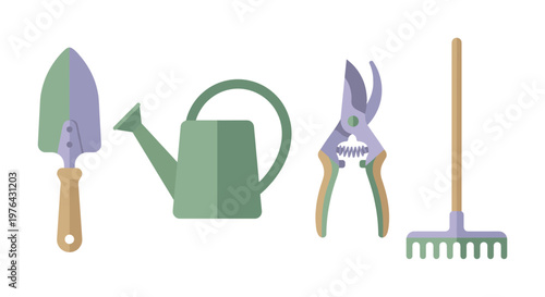 A vector set of essential garden tools including a trowel, watering can, shears, and rake. Flat design illustration for horticulture, planting, and hobby concepts.