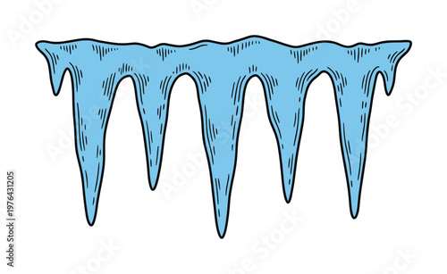 A hand drawn vector illustration of blue icicles. This graphic element represents cold winter weather, frost, and the Christmas season. Perfect for seasonal designs.