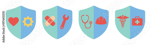A set of flat vector icons showing shields with health, work, and safety symbols. Concepts for insurance, protection, medical care, and occupational health.