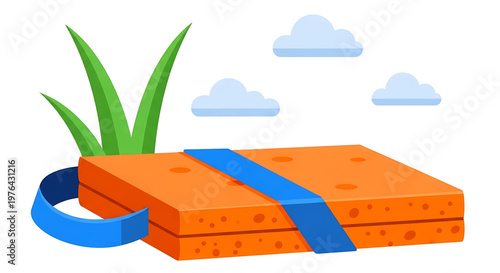 A vibrant orange sponge with a blue ribbon tied around it, surrounded by green grass and fluffy clouds in a minimalist vector illustration.