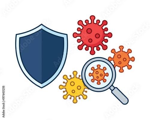 Vector icon of virus research and protection. A shield represents immunity and defense against bacteria and pathogens, with a magnifying glass for analysis.