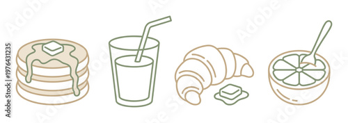 A set of modern line art icons for breakfast: pancakes, juice, croissant, and grapefruit. Minimalist vector illustration for cafe menus or food blogs.