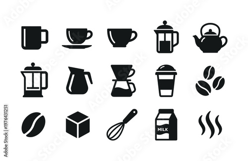Set of black coffee and tea vector icons. Minimalist glyph collection includes mug, pot, beans, milk, and sugar for cafe menus, apps, or websites.