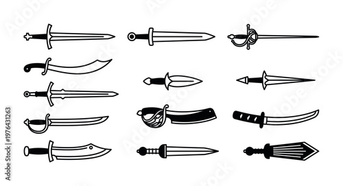 A collection of medieval sword and dagger vector icons. This set features historical weapons for fantasy games, history design, or military emblems.