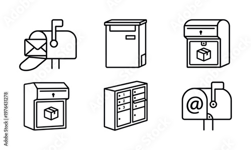 A set of various mailbox line icons for mail, post, and parcel delivery services. This collection includes email and post office box symbols. Perfect for web and app design.