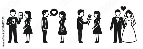Couple relationship stages icon set. Man and woman progress from online dating to love confession, romantic gesture, and wedding. Minimalist vector for love story.