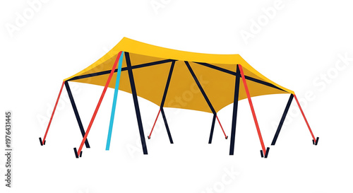 A vibrant yellow canopy tent with colorful poles on a white background