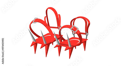 A set of red crampons with sharp metal spikes for hiking and climbing on ice and snow