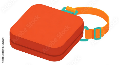A vibrant orange square-shaped lunchbox with a strap and buckle on a clean white background