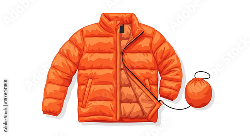 A vibrant orange puffer jacket with a compact pouch, depicted in a modern flat design style.