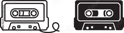 Audio cassette tape icons with minimalist outline and solid black silhouette styles vector art