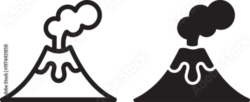 Erupting volcano icons with smoke and flowing lava in minimalist outline and solid black styles