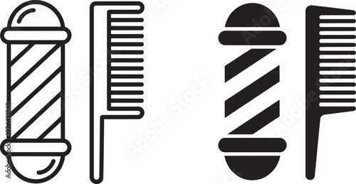 Barber pole and hair comb icons set in outline and solid silhouette styles vector illustration