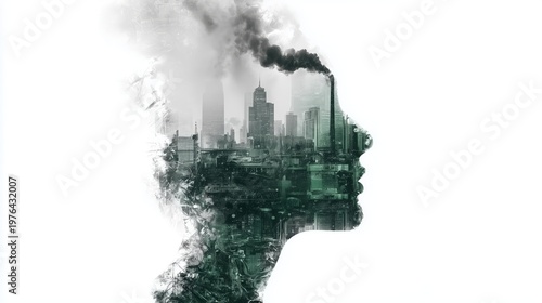 Human head silhouette filled with smokestacks and factories, visualizing industrial pollution, mental burden, and environmental impact on society.