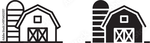 Two barn and silo farm buildings line art icons isolated in outline style for farming and rural