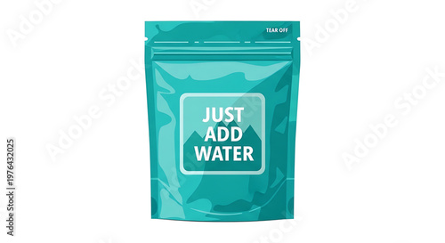 A teal-colored resealable pouch with a white logo and text that reads 'JUST ADD WATER' on a clean white background
