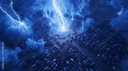 Massive scrapyard struck by intense lightning, creating a dramatic vision of industrial waste, energy overload, and environmental catastrophe.