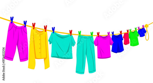 A colorful illustration of clothes hanging on a line with clothespins