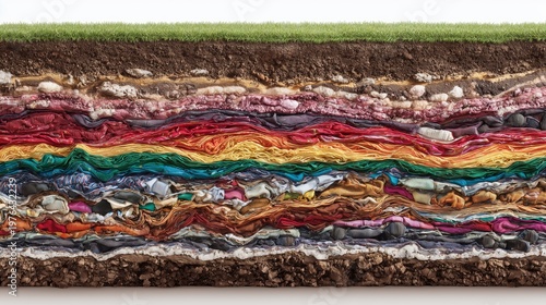 Soil cross section filled with discarded clothing layers, exposing hidden textile waste, fast fashion pollution, and landfill accumulation.