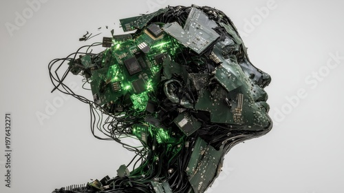 Human profile formed from broken circuits and tangled wires, symbolizing digital identity, e-waste, and fragmented technological consciousness.