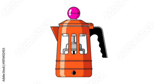 A vibrant orange coffee maker with a pink knob and black handle is depicted in a colorful illustration