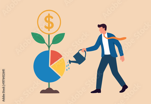 Investment portfolio, asset allocation to build passive income, wealth management or mutual fund planning, investment growth concept, businessman watering grow plant of investing portfolio pie chart