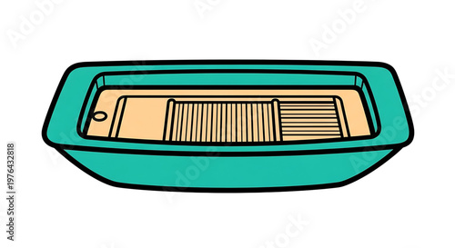 A teal colored litter box with a beige interior and black outline vector graphic illustration