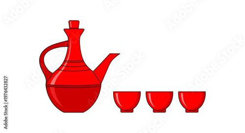 A vibrant red tea set consisting of a teapot and three matching cups on a clean white background