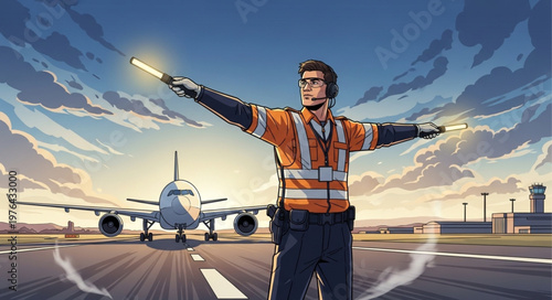 Airport Ground Marshaller Directing Aircraft With Batons.