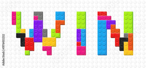 WIN inscription made with colored plastik constructor parts on white constructor plate background. Play and build concept. Vector illustration