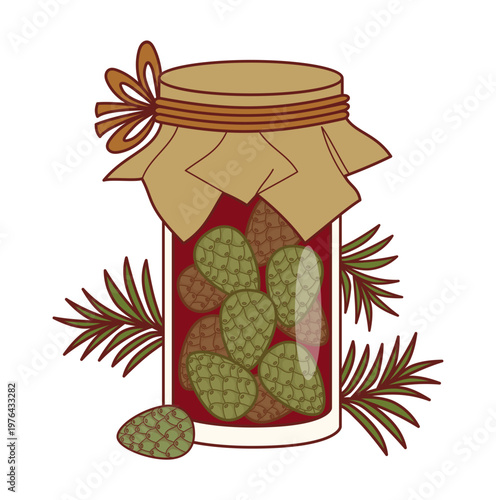 Young Green Pine Cones In Syrup. Glass Jar With Coniferous Elixir And Craft Paper Cover With Twine And Bow. Homemade Natural Preserve. Botanical Vector Illustration.