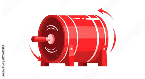 A red cylindrical machine with rotating parts and arrows indicating motion