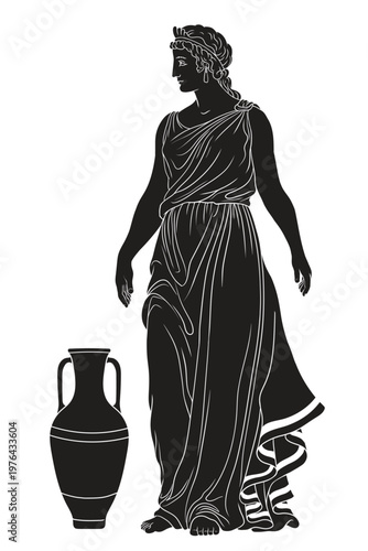 Ancient greek woman goddess in tunic with a jug for wine and water. Figure isolated on white background