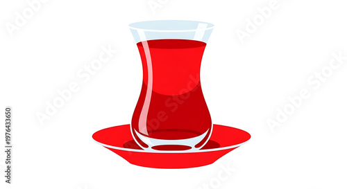 A vibrant red glass of juice sits on a matching saucer, set against a clean white background.