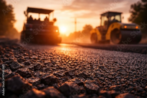 Road construction equipment working during the sunset., asphalt, steamroller