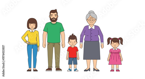 Multi-Generation Family Portrait Cartoon Illustration, Grandparents Parents and Child Standing Together