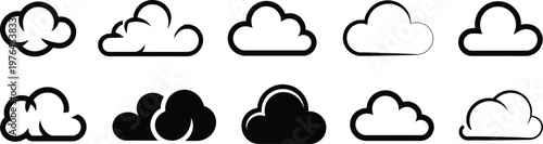 Collection of black and white cloud with varying outlines and fills weather