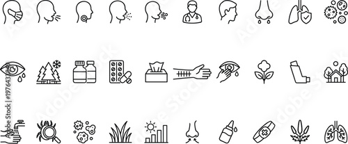 A collection of black line icons depicting various health and medical concepts on a white background