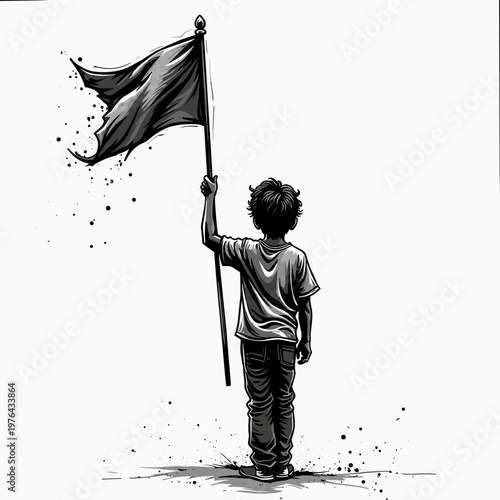 A high-contrast monochrome illustration shows the back view of a young boy holding a large, tattered flag on a tall pole. This evocative scene symbolizes hope, resilience, and patriotism.