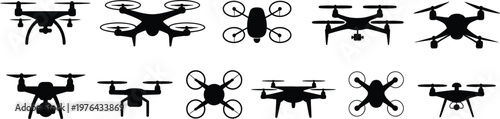 Collection of black drone silhouettes, various and angles quadcopter aerial vehicle technology