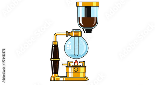 A vector graphic illustration of a siphon coffee maker with a gold and black design