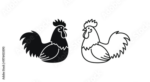 Cartoon Rooster Hen Pair - Simple Silhouette Clipart Vector
