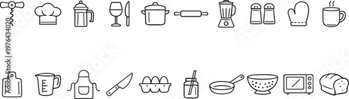 A collection of kitchen utensils and tools for cooking and food preparation