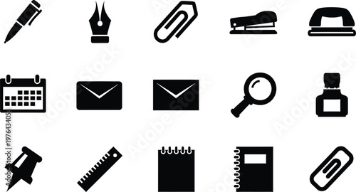 Flat design office and school essentials icons set on light background  