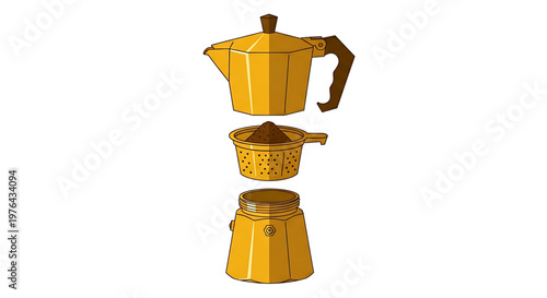 A vector graphic illustration of a disassembled yellow coffee maker