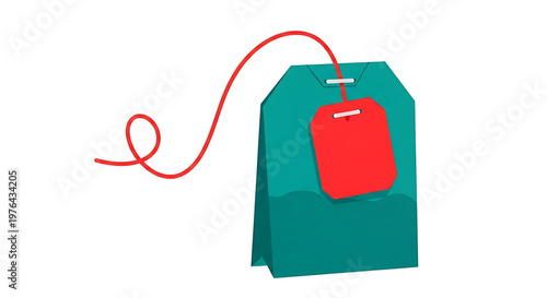 A vector graphic illustration of a green shopping bag with a red price tag attached to it by a string