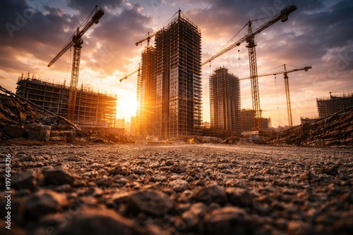 Construction site with cranes and buildings at sunset.