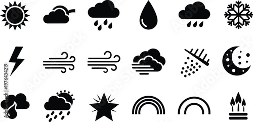 Set of black weather and natural disaster icons on white background  