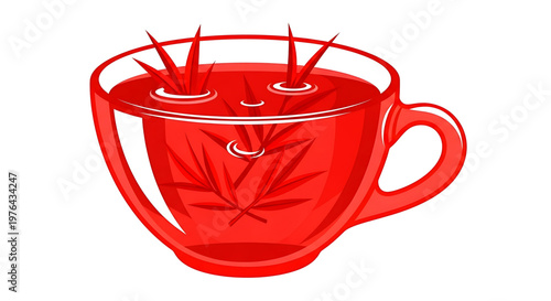 A red tea cup with a cannabis leaf design and a smiling face
